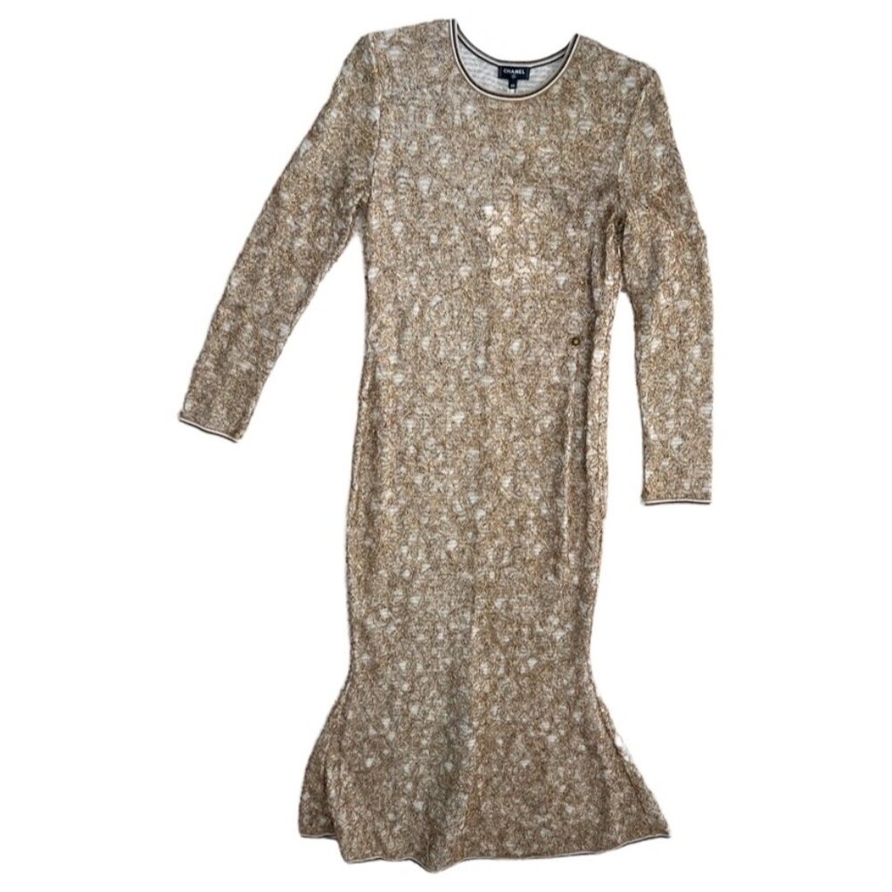 Chanel 19A runway gold CC logo Lesage knit mermaid long dress size 40